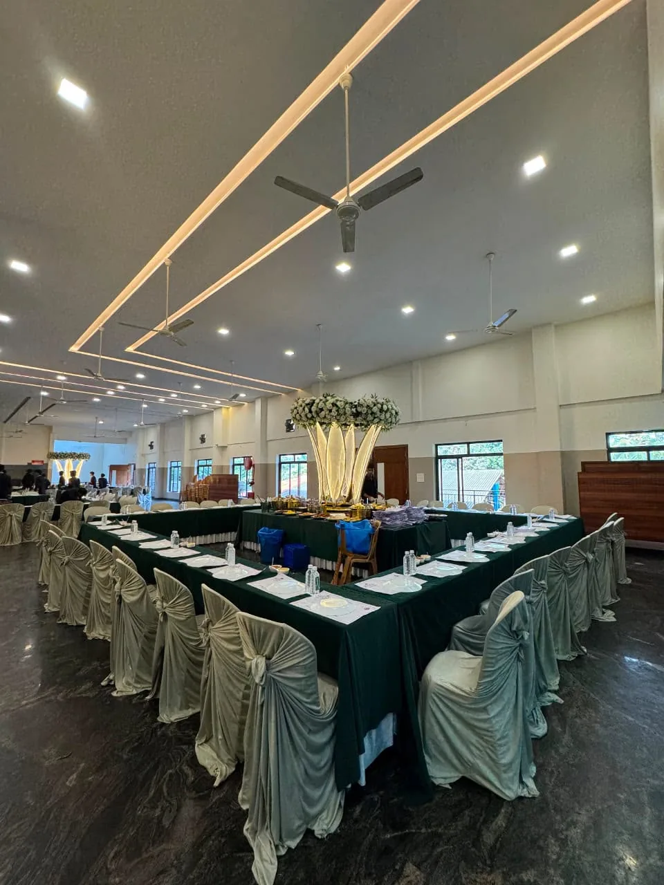 Banquet dining with black table settings