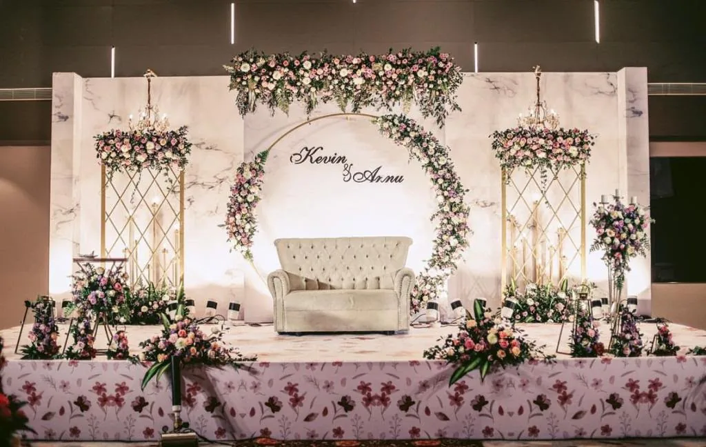 Pink floral reception backdrop
