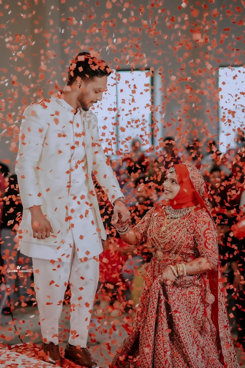 Wedding celebration under confetti